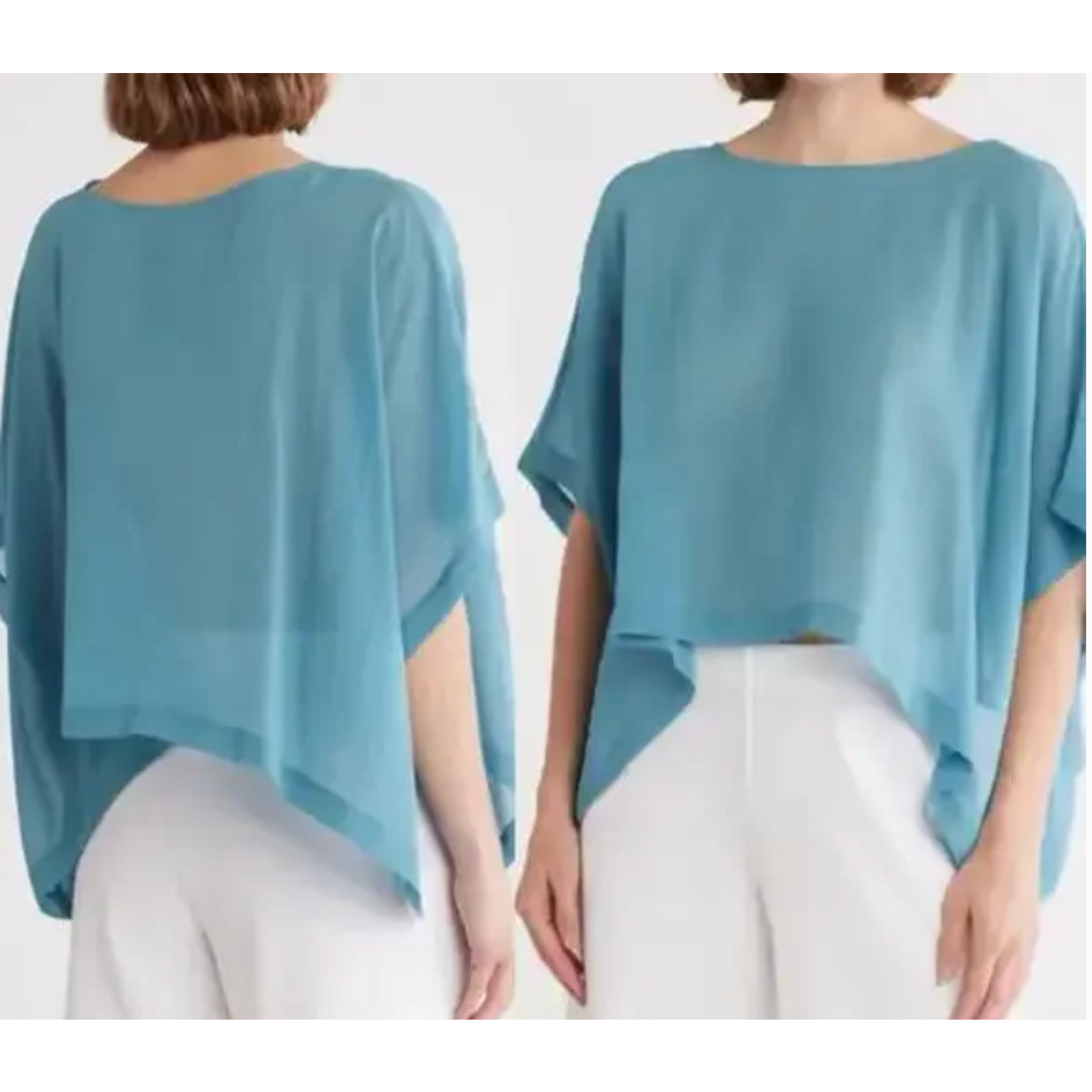 Nwt Eileen Fisher Silk Georgette Top L/Xl River Blue Flowy Lagenlook Minimalist